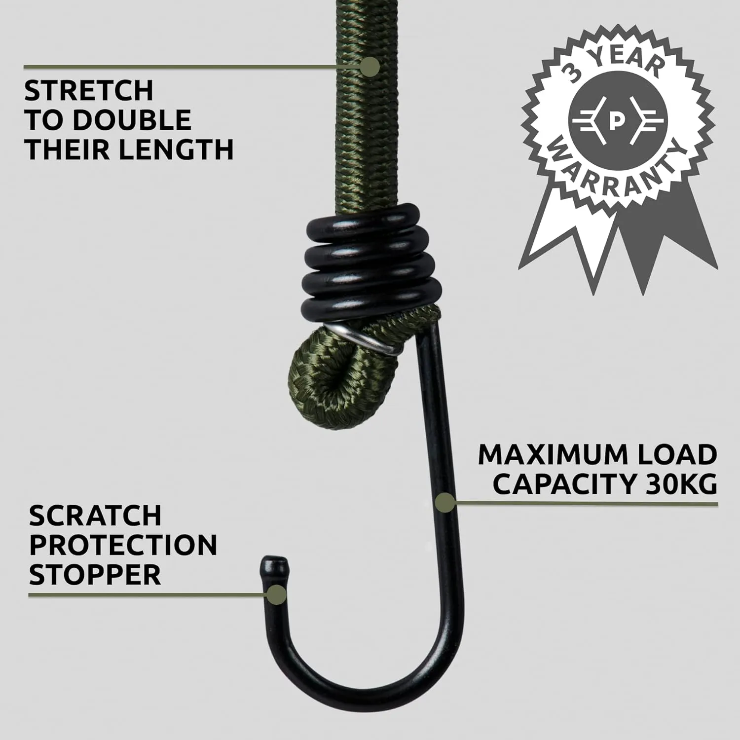 Pluvios - Heavy Duty Bungee Cords with Hooks - 10 Pack – Choice of Sizes - Multi-Purpose Elastic Bungee Straps for Luggage, Roof Racks, Camping - Weatherproof & UV Resistant (8" (20cm))