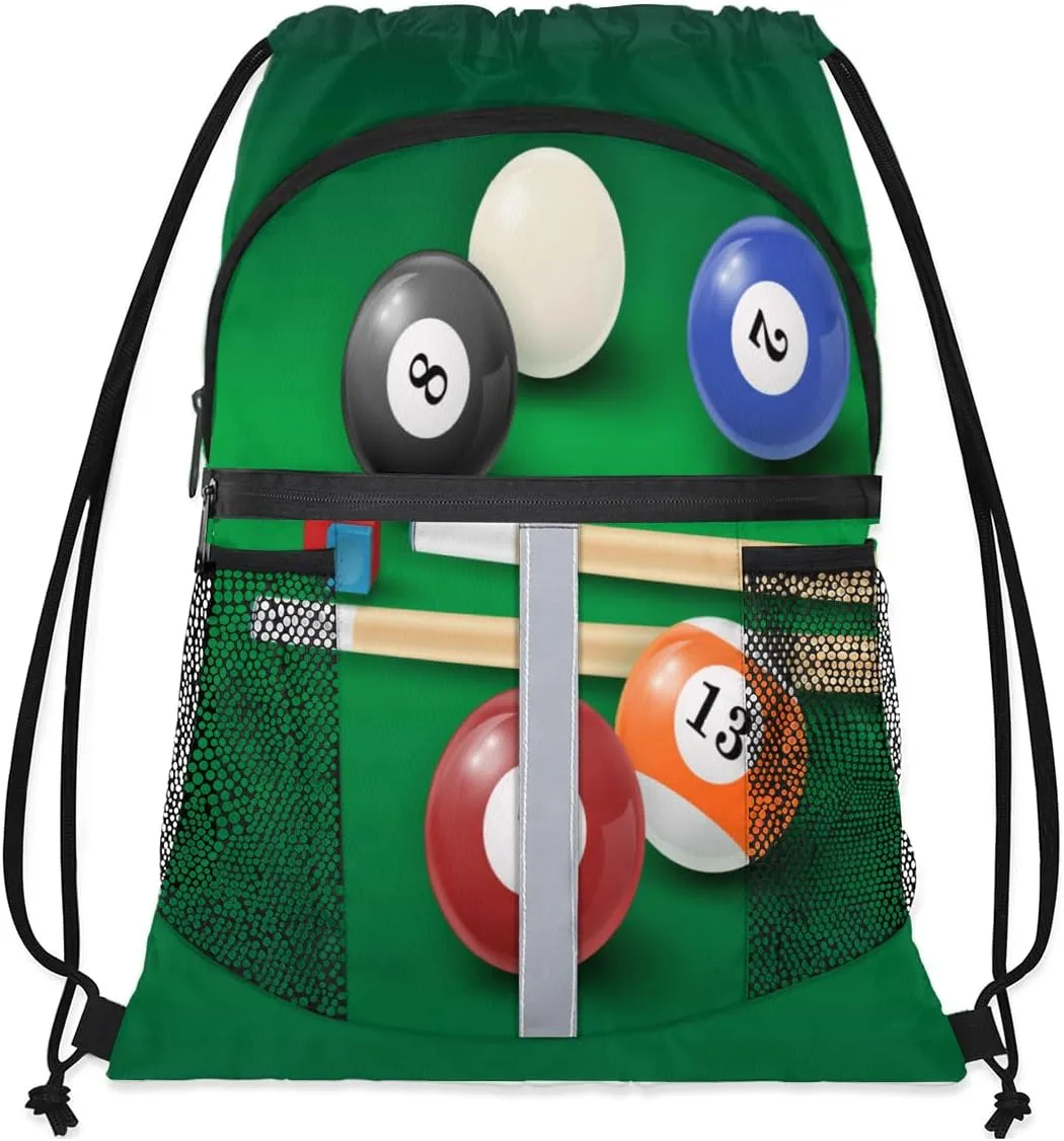 Pool Ball Chalk Cue Drawstring Backpack Bags Sports Cinch Sack String Backpack Storage Bags for Men Women Gym Travel Essential Accessories