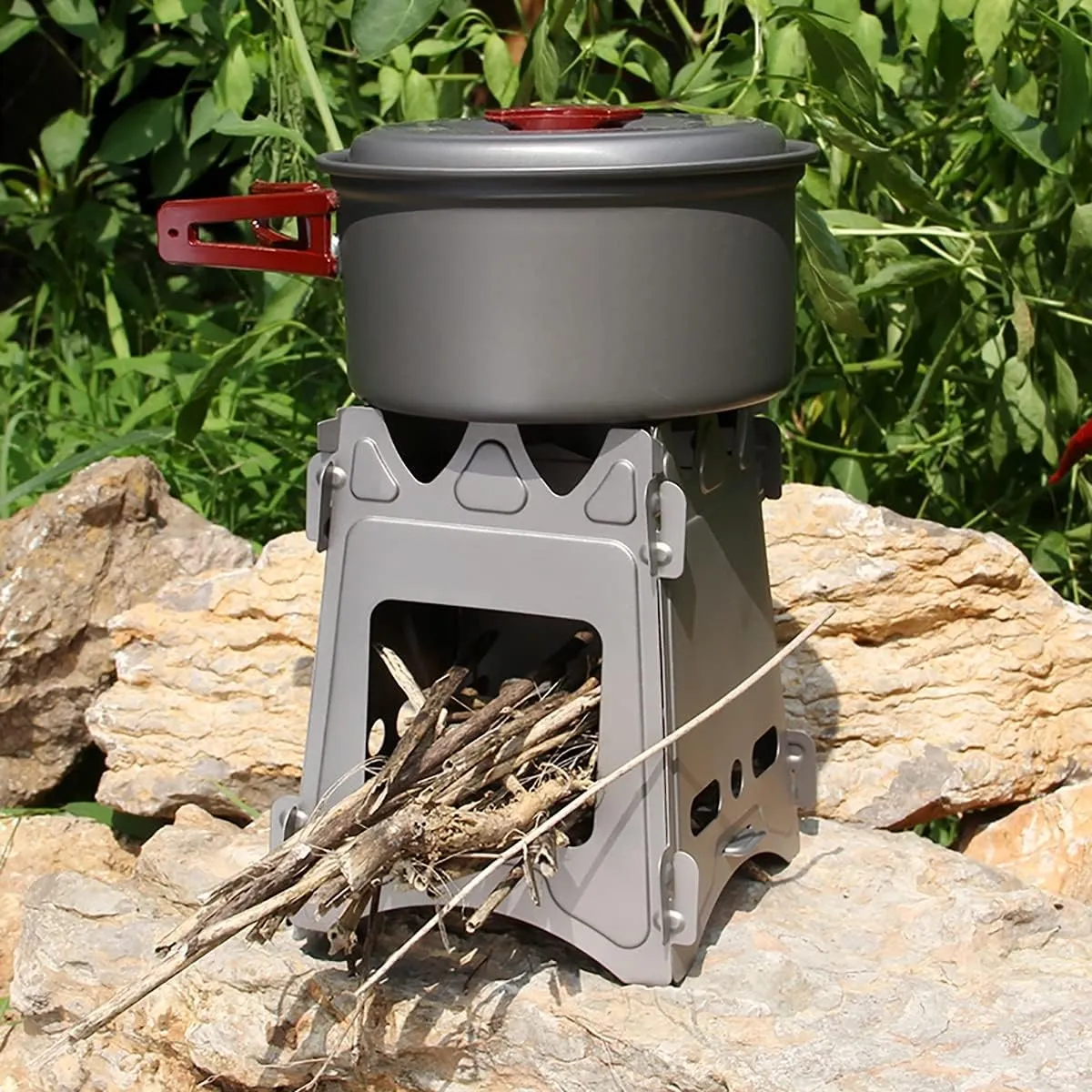 Portable Foldable Titanium Camping Stove, Outdoor Wood Burning Stove for Backpacking, Cooking, Heating, Hiking, Hunting, Ice Fishing