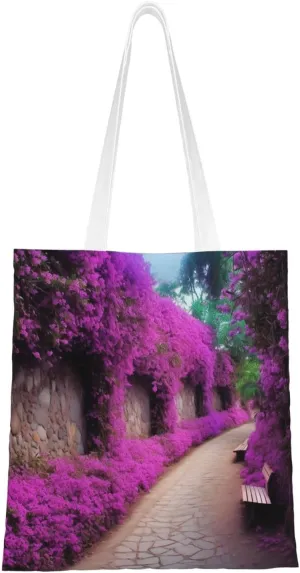 Purple Floral Blooming Path Print Canvas Tote Bags Lightweight Shoulder Bag Reusable Grocery Shopping Bag Handbags for Women Men