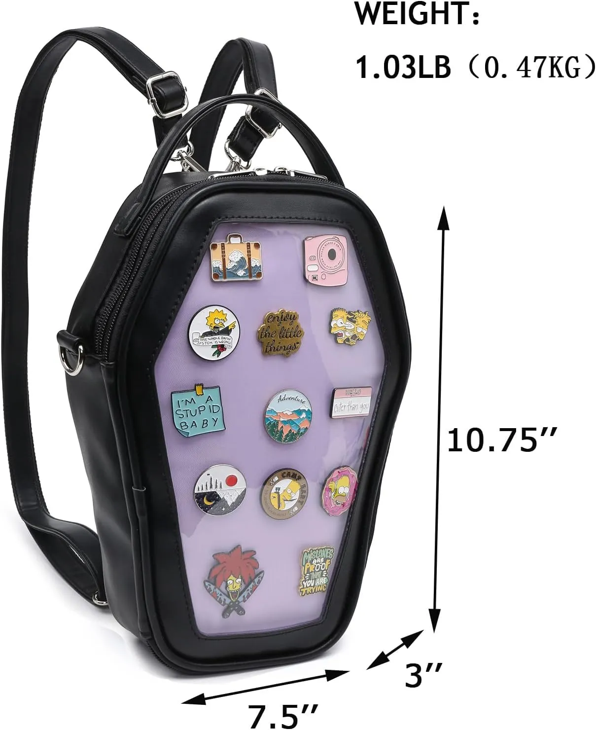 RAINBOW SMILE Ita Bag Backpack Gothic Coffin Shape Fashion Purses and Handbags Halloween JK Bags for Anime Pins Display