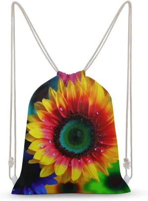 Rainbow Sunflower Drawstring Backpack for Women Men Drawstring Bag for Travel Swimming Sports Gym Bag