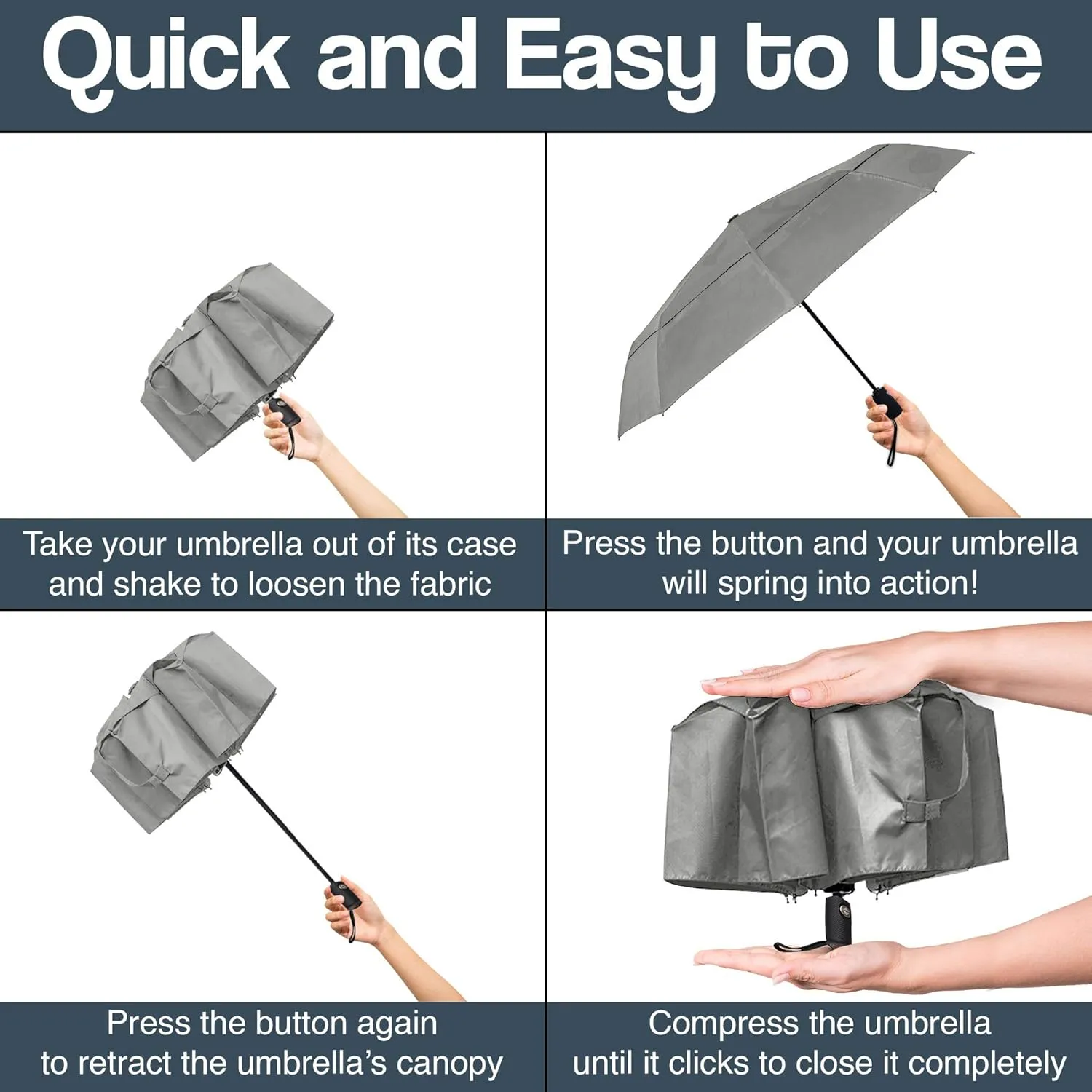 RainPlus Windproof Travel Umbrella - Compact, Automatic, Folding and Portable - Umbrellas For Rain for Men and Women - Car, Backpack, Purse, Strong & Wind Resistant
