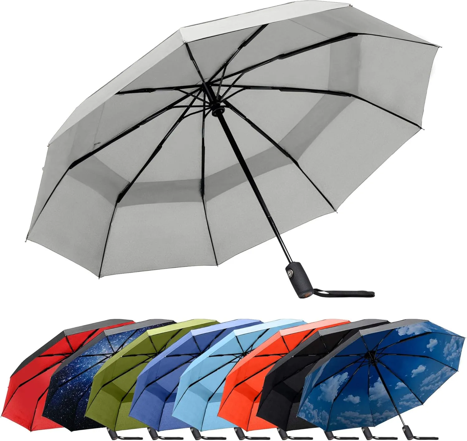 RainPlus Windproof Travel Umbrella - Compact, Automatic, Folding and Portable - Umbrellas For Rain for Men and Women - Car, Backpack, Purse, Strong & Wind Resistant