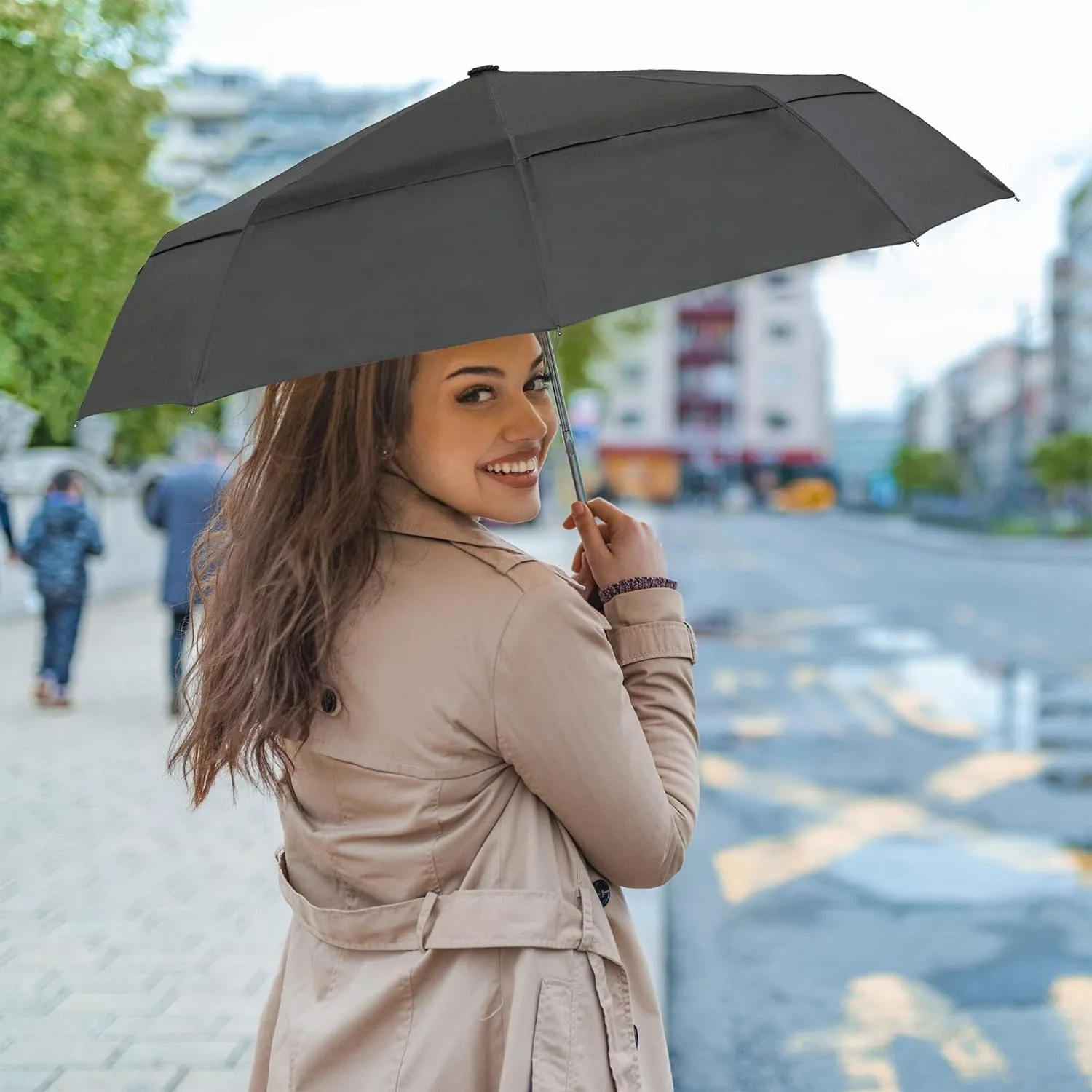 RainPlus Windproof Travel Umbrella - Compact, Automatic, Folding and Portable - Umbrellas For Rain for Men and Women - Car, Backpack, Purse, Strong & Wind Resistant