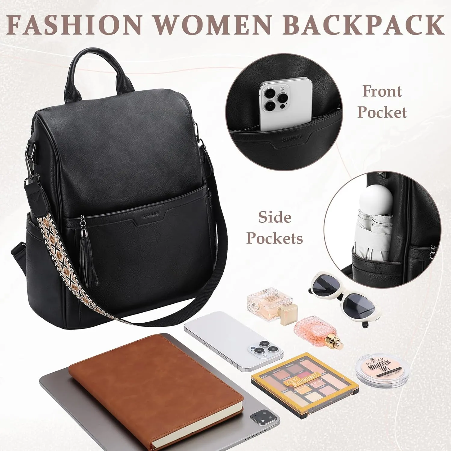 RAVUO Anti Theft Backpack for Women, Designer Vegen Leather Convertible Ladies Shoulder Bag Handbag with Purse and Guitar Shoulder Strap,Black