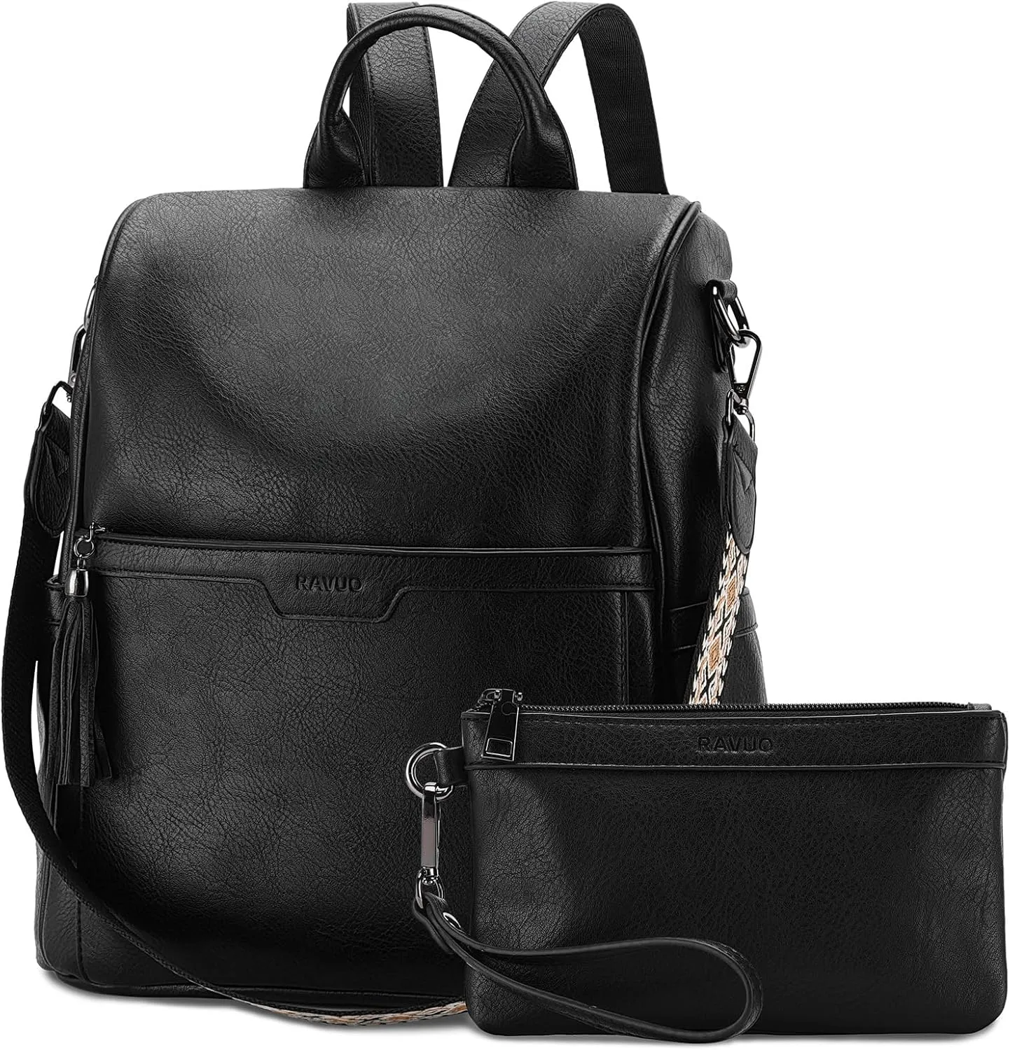 RAVUO Anti Theft Backpack for Women, Designer Vegen Leather Convertible Ladies Shoulder Bag Handbag with Purse and Guitar Shoulder Strap,Black
