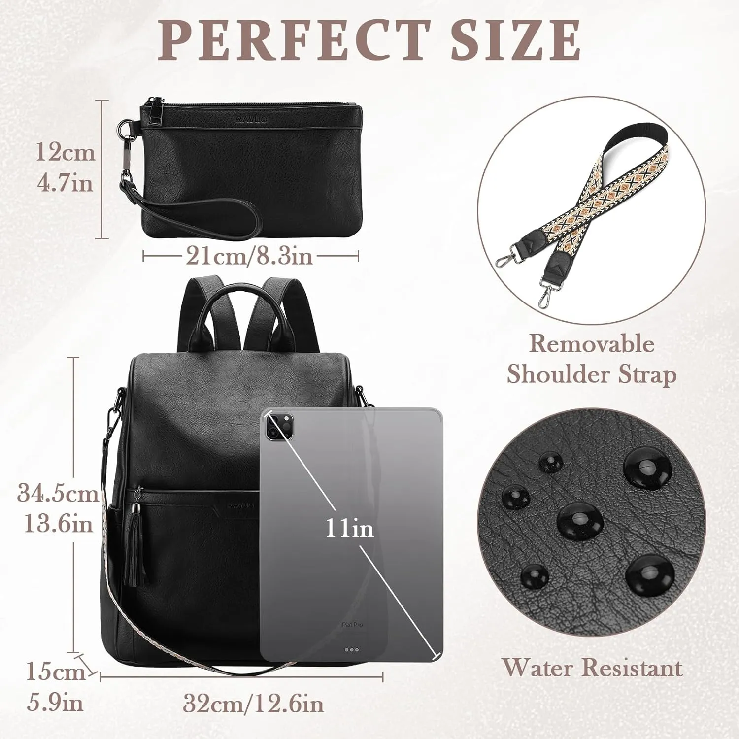 RAVUO Anti Theft Backpack for Women, Designer Vegen Leather Convertible Ladies Shoulder Bag Handbag with Purse and Guitar Shoulder Strap,Black
