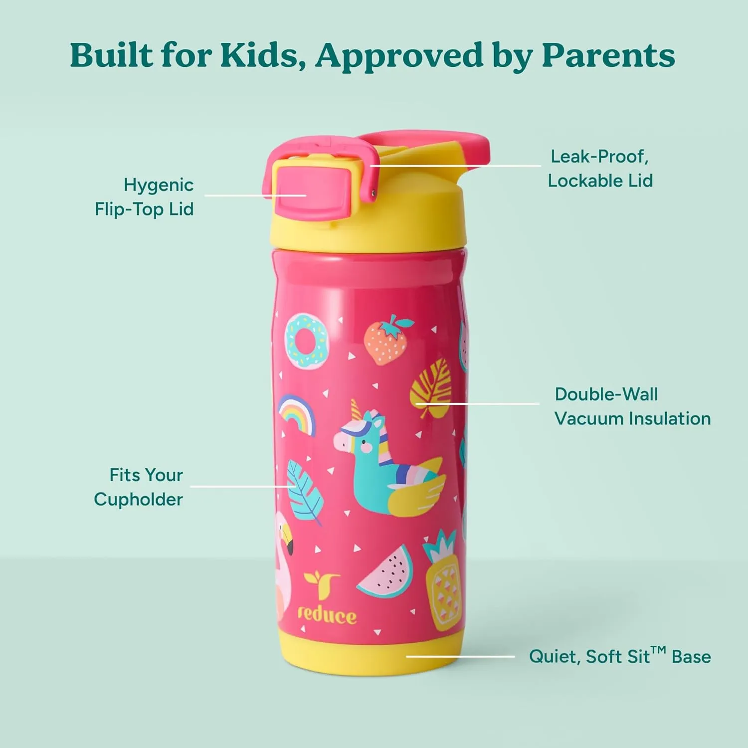 REDUCE 14 oz Hydrate Pro Stainless Steel Insulated Water Bottle - Flip Top Leak-Proof Lid, Dishwasher Safe, BPA-Free, Dual Wall Vacuum, Keeps Drinks Cold for 48 Hrs, Cup Holder Friendly - Pool Party