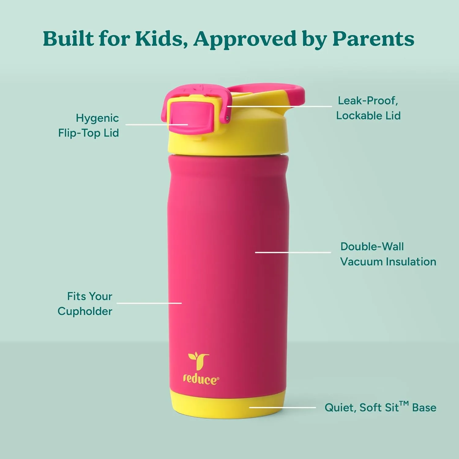 REDUCE 14 oz Hydrate Pro Stainless Steel Insulated Water Bottle - Flip Top Leak-Proof Lid,Dishwasher Safe, BPA-Free, Dual Wall Vacuum, Keeps Drinks Cold for 48 Hrs, Cup Holder Friendly - Pink Lemonade
