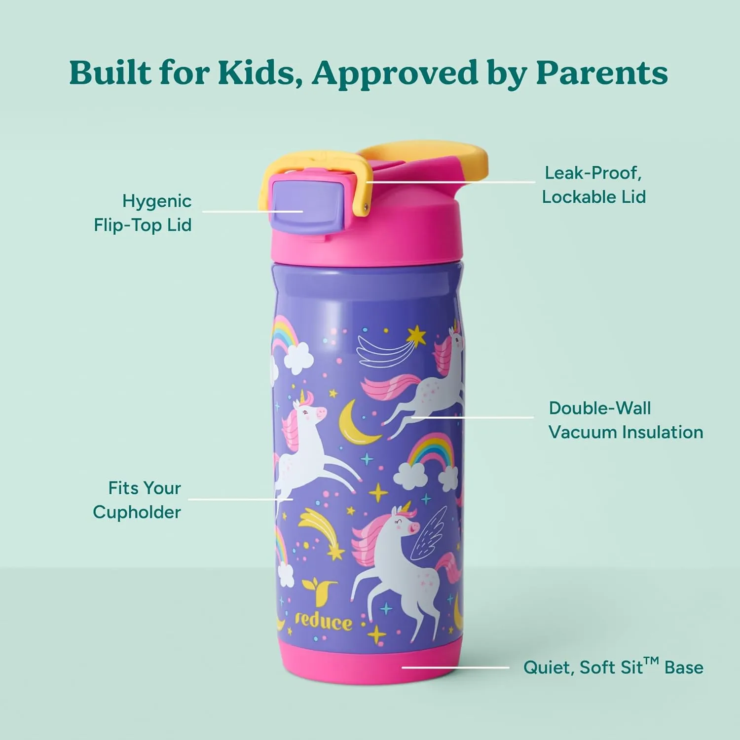 REDUCE 14 oz Hydrate Pro Stainless Steel Insulated Water Bottle - Flip Top Leak-Proof Lid,Dishwasher Safe, BPA-Free, Dual Wall Vacuum, Keeps Drinks Cold for 48 Hrs, Cup Holder Friendly - Unicorn Magic