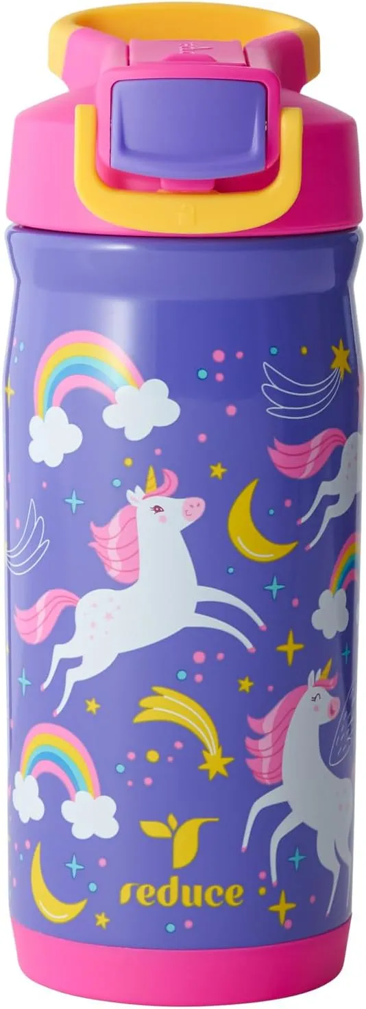 REDUCE 14 oz Hydrate Pro Stainless Steel Insulated Water Bottle - Flip Top Leak-Proof Lid,Dishwasher Safe, BPA-Free, Dual Wall Vacuum, Keeps Drinks Cold for 48 Hrs, Cup Holder Friendly - Unicorn Magic