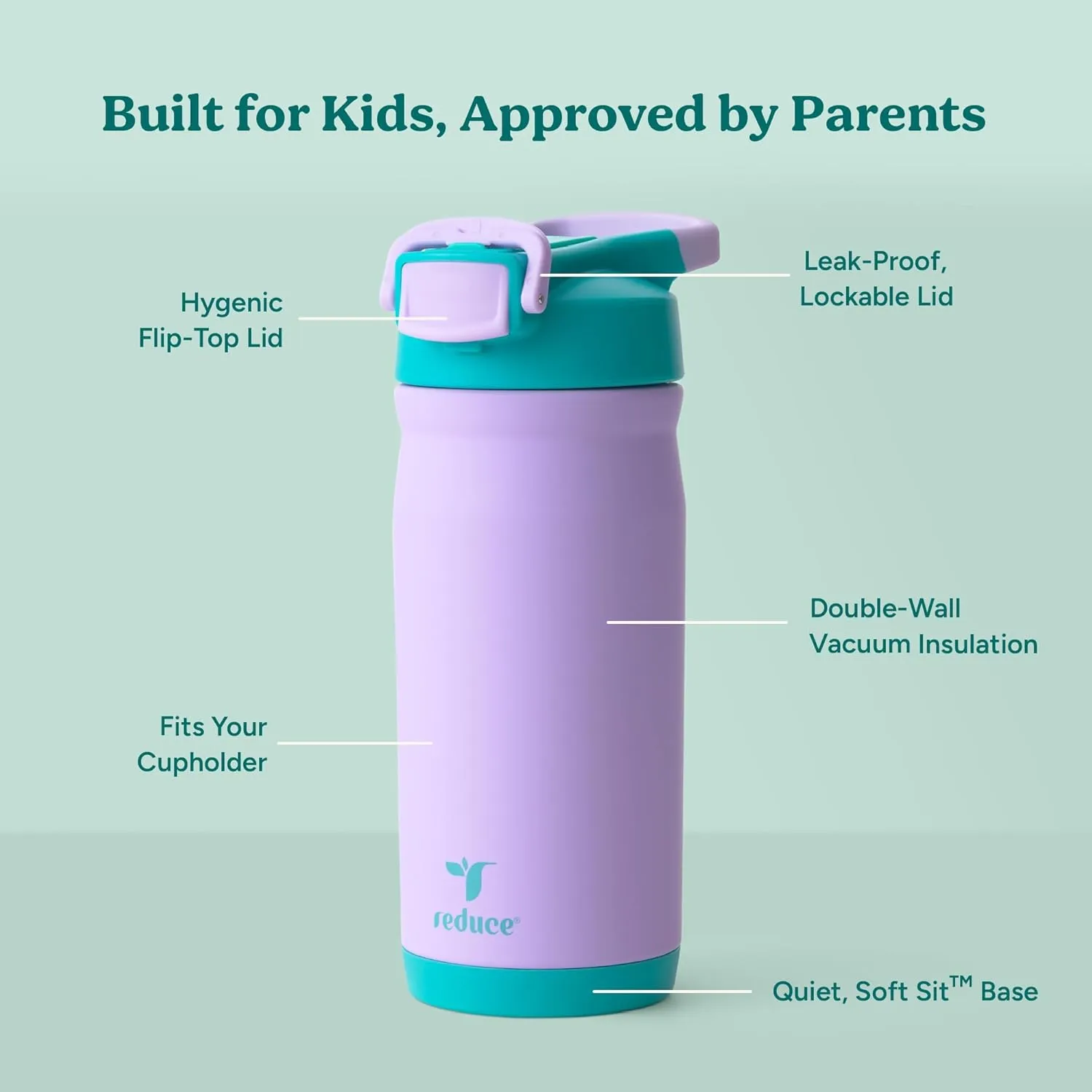 REDUCE 14 oz Hydrate Pro Stainless Steel Insulated Water Bottle - Flip Top Leak-Proof Lid,Dishwasher Safe,BPA-Free, Dual Wall Vacuum, Keeps Drinks Cold for 48 Hrs, Cup Holder Friendly - Mermaid Purple