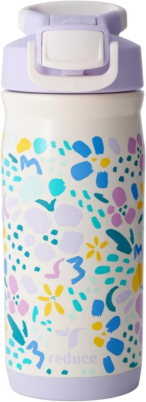 REDUCE 14 oz Hydrate Pro Stainless Steel Insulated Water Bottle - Flip Top Leak-Proof Lid,Dishwasher Safe,BPA-Free,Dual Wall Vacuum,Keeps Drinks Cold for 48 Hrs, Cup Holder Friendly - Abstract Flowers