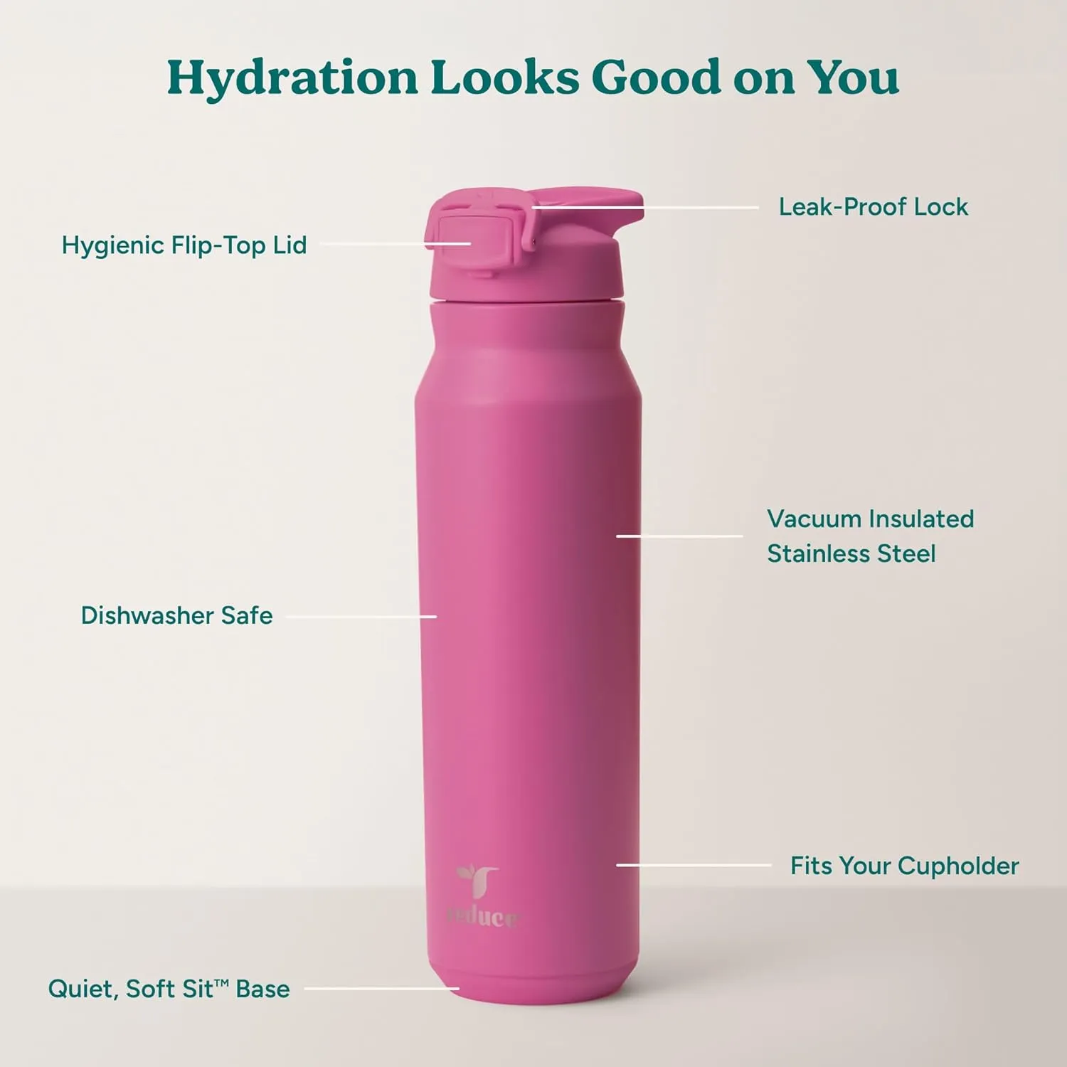 REDUCE 32 oz Hydrate Pro Stainless Steel Insulated Water Bottle - Flip Top Leak-Proof Lid, Dishwasher Safe, BPA-Free, Dual Wall Vacuum, Keeps Drinks Cold for 48 Hrs, Cup Holder Friendly - Sangria