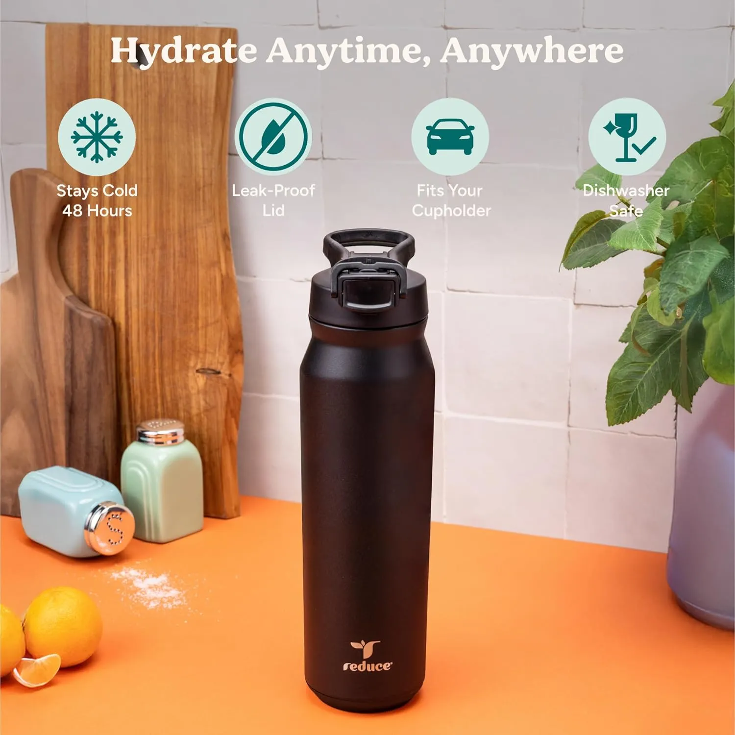 REDUCE 32 oz Hydrate Pro Stainless Steel Insulated Water Bottle - Flip Top Leak-Proof Lid, Dishwasher Safe, BPA-Free, Dual Wall Vacuum, Keeps Drinks Cold for 48 Hrs, Cup Holder Friendly - Sangria