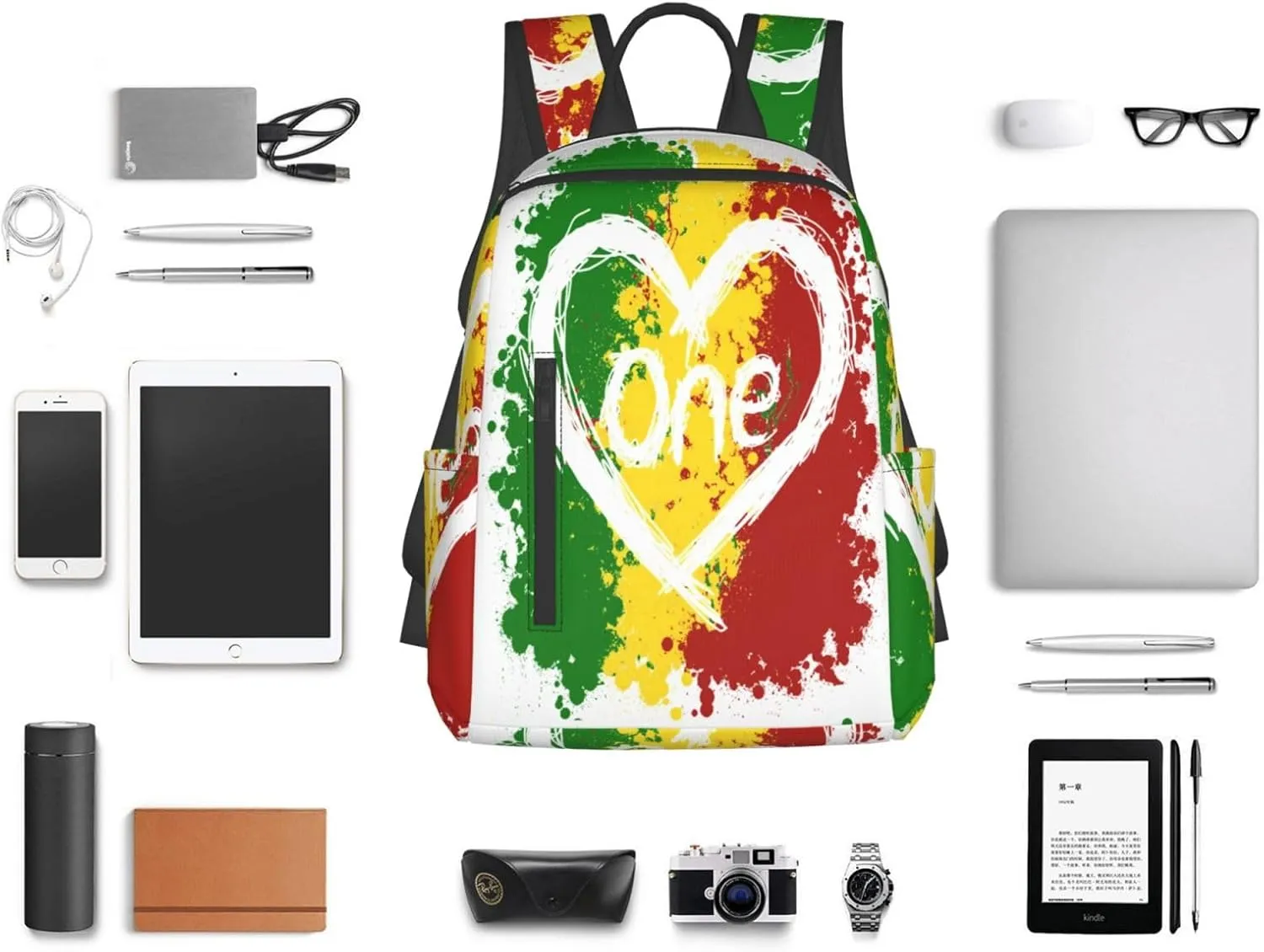 Reggae Heart One Loves Rasta Music Jamaica Casual Backpacks Laptop Backpack Outdoor Travel Rucksack Sport Carry-On Daypack Lightweight Bag with Multi-Pockets