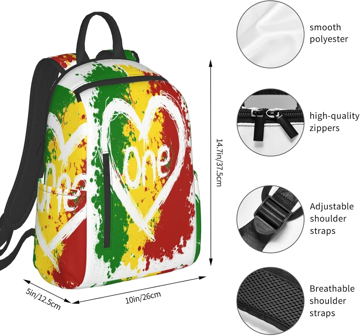 Reggae Heart One Loves Rasta Music Jamaica Casual Backpacks Laptop Backpack Outdoor Travel Rucksack Sport Carry-On Daypack Lightweight Bag with Multi-Pockets