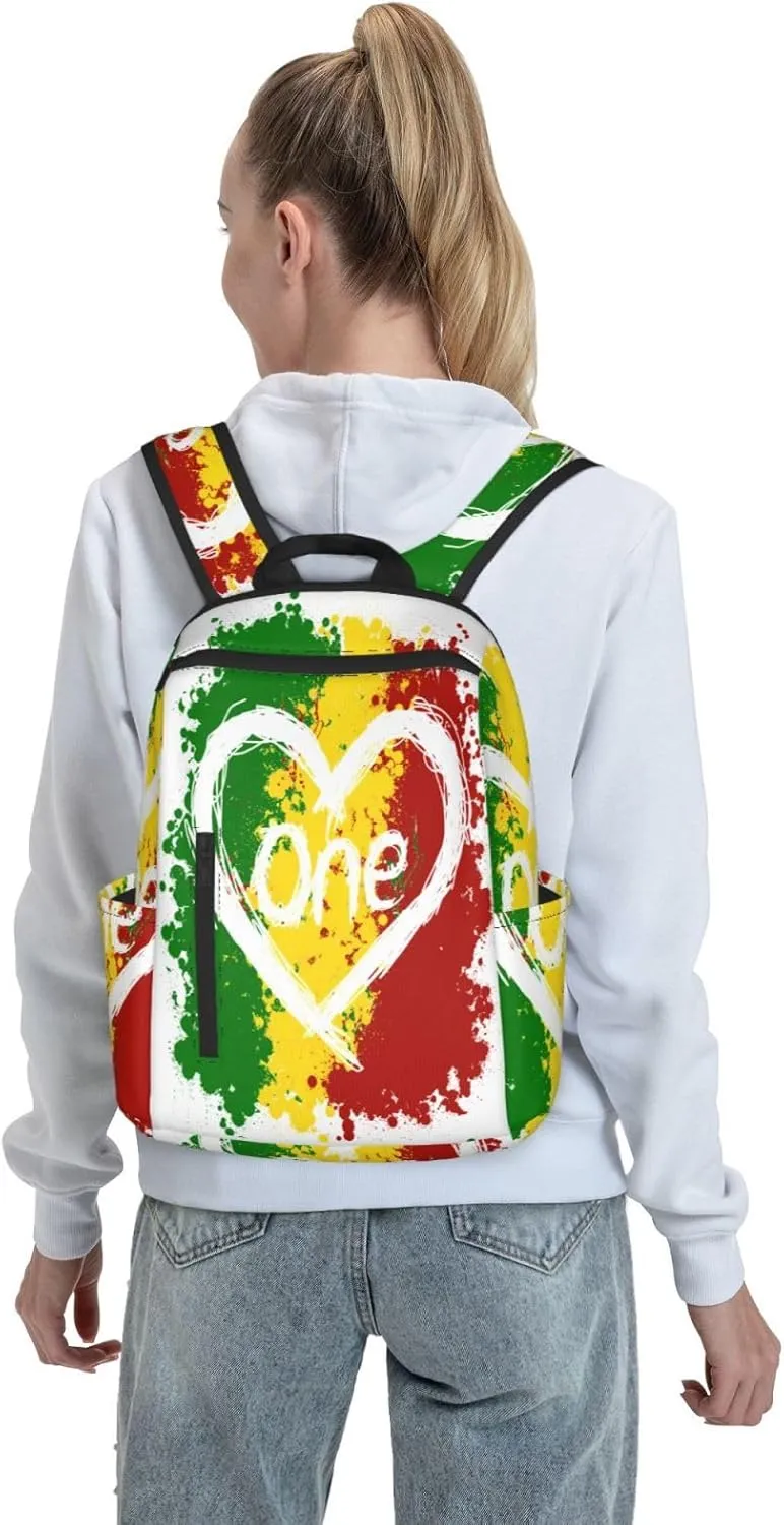 Reggae Heart One Loves Rasta Music Jamaica Casual Backpacks Laptop Backpack Outdoor Travel Rucksack Sport Carry-On Daypack Lightweight Bag with Multi-Pockets