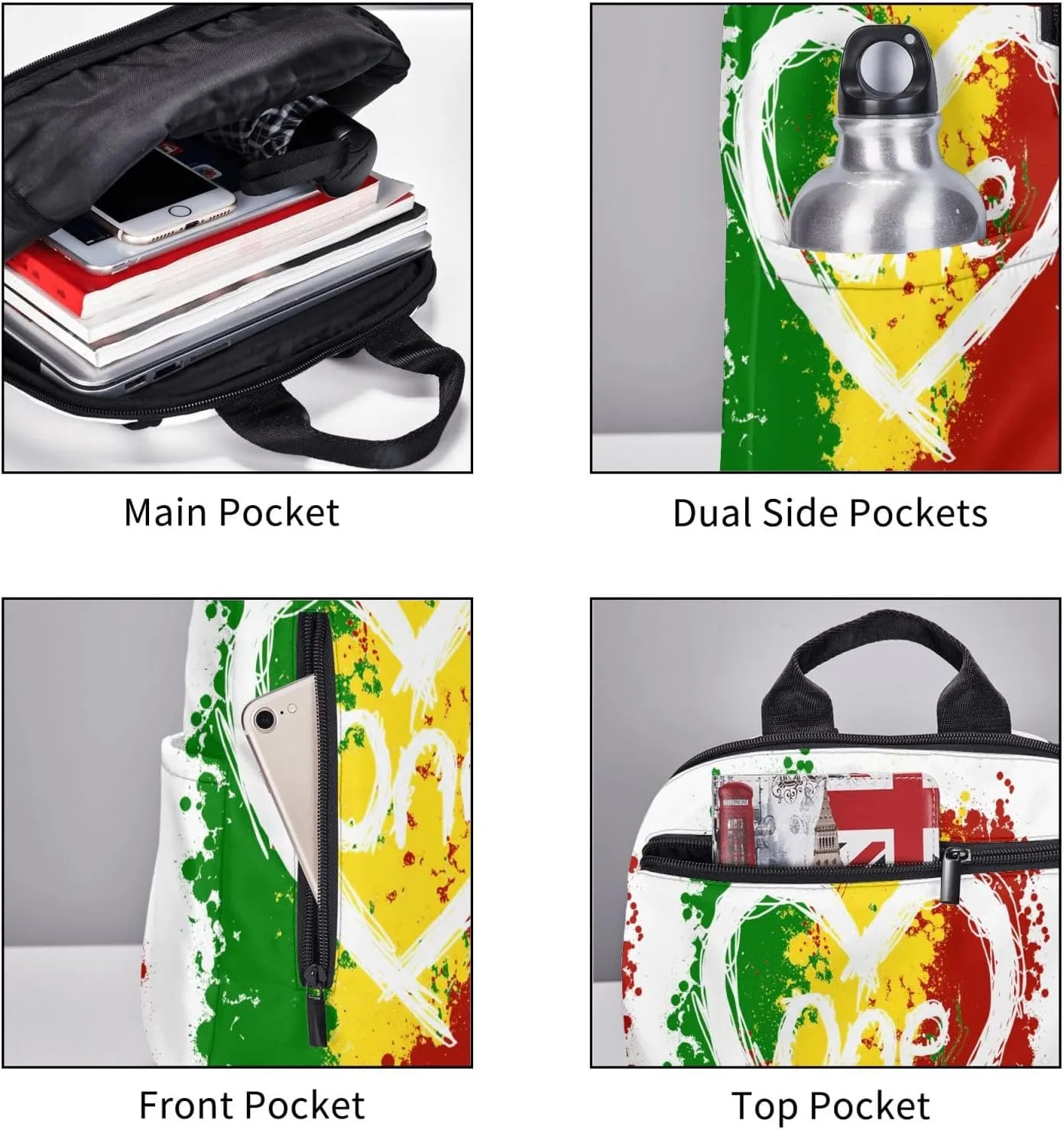 Reggae Heart One Loves Rasta Music Jamaica Casual Backpacks Laptop Backpack Outdoor Travel Rucksack Sport Carry-On Daypack Lightweight Bag with Multi-Pockets