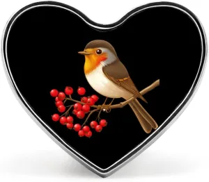 Robin Sitting on Mistletoe Tree Branch Heart Shape Badge Cute Heart Brooch Pins Button Badges for Backpack Jackets Hats Decor
