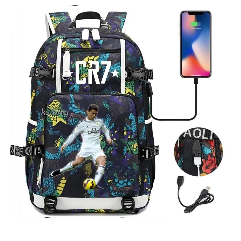 Ronaldo CR7 School Bags Backpack Camouflage  USB 18 inch Laptop Travel Mochila Waterproof