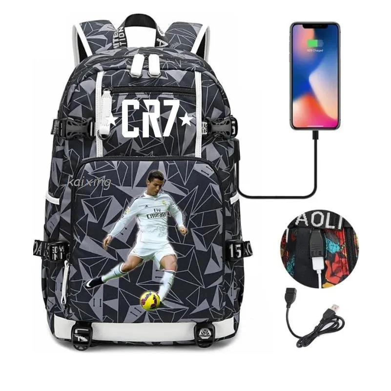 Ronaldo CR7 School Bags Backpack Camouflage  USB 18 inch Laptop Travel Mochila Waterproof