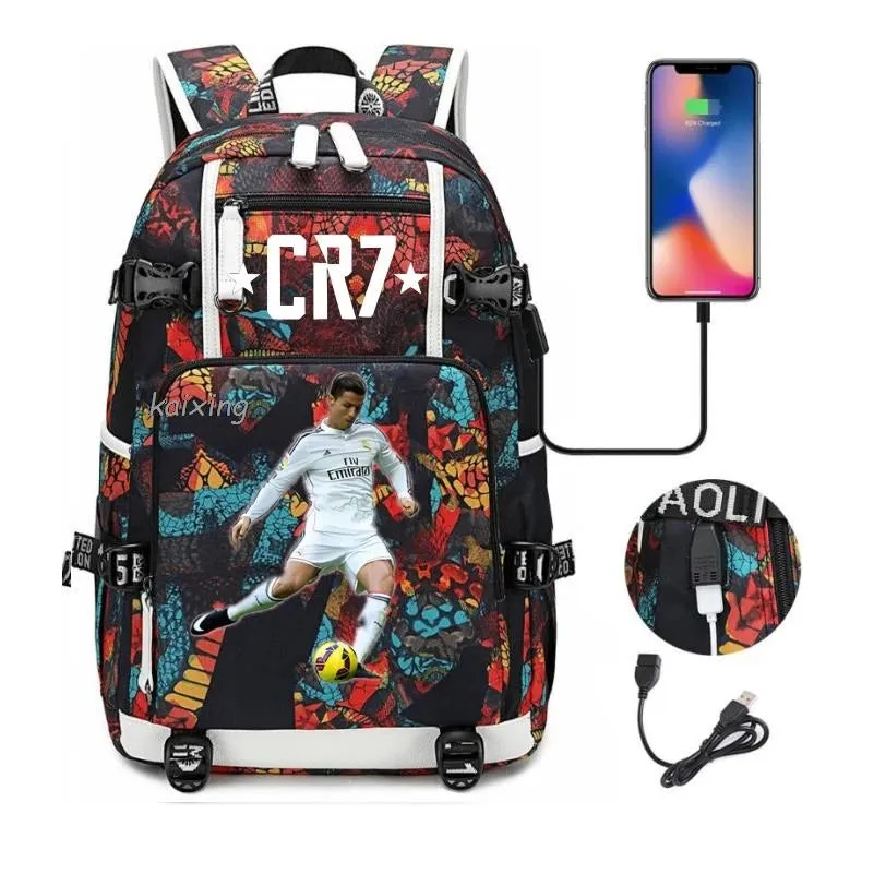 Ronaldo CR7 School Bags Backpack Camouflage  USB 18 inch Laptop Travel Mochila Waterproof