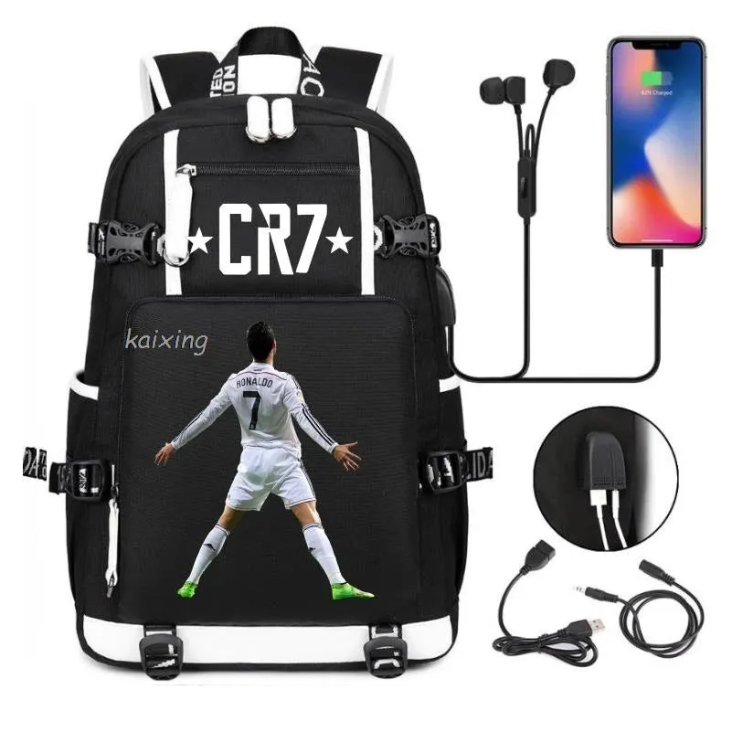 Ronaldo CR7 School Bags Backpack Camouflage  USB 18 inch Laptop Travel Mochila Waterproof