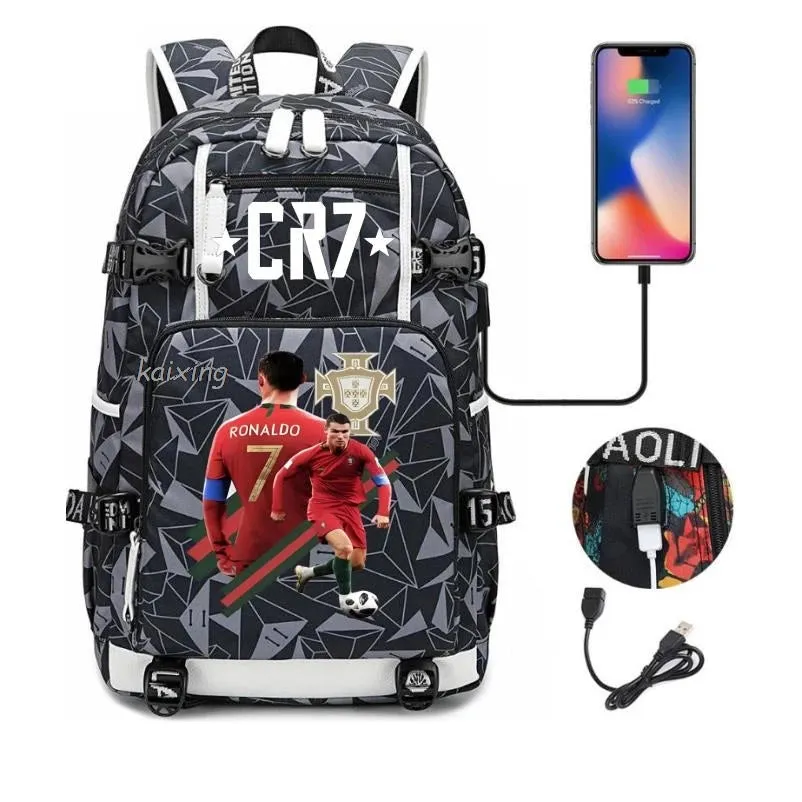 Ronaldo CR7 School Bags Backpack Camouflage  USB 18 inch Laptop Travel Mochila Waterproof