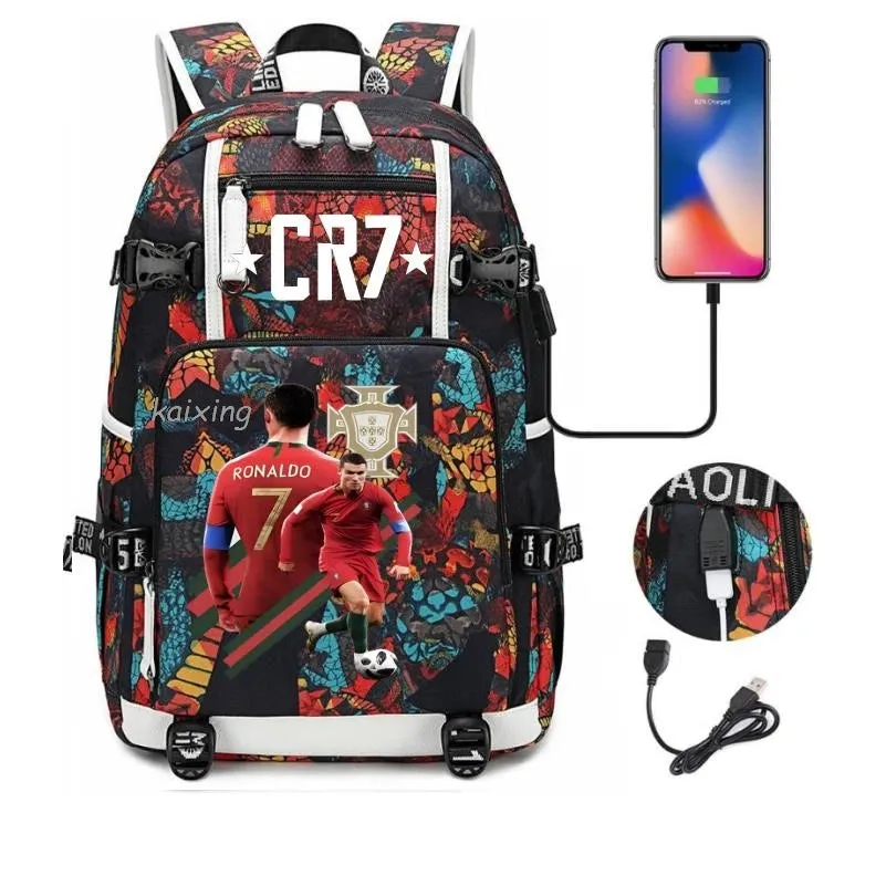 Ronaldo CR7 School Bags Backpack Camouflage  USB 18 inch Laptop Travel Mochila Waterproof