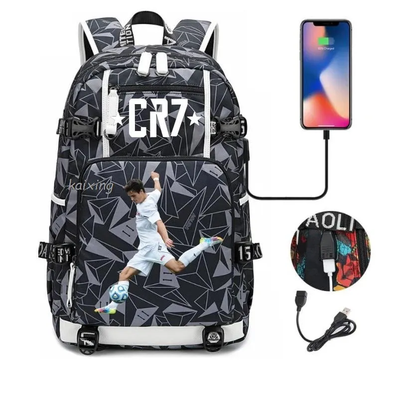 Ronaldo CR7 School Bags Backpack Camouflage  USB 18 inch Laptop Travel Mochila Waterproof