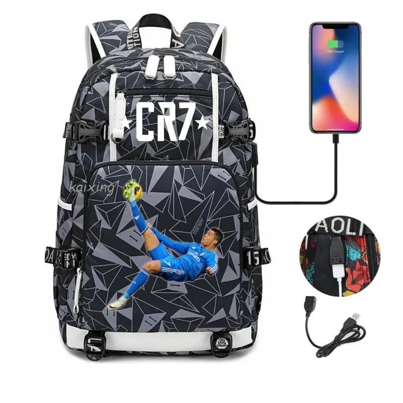 Ronaldo CR7 School Bags Backpack Camouflage  USB 18 inch Laptop Travel Mochila Waterproof
