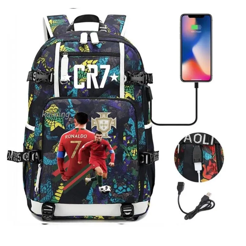 Ronaldo CR7 School Bags Backpack Camouflage  USB 18 inch Laptop Travel Mochila Waterproof