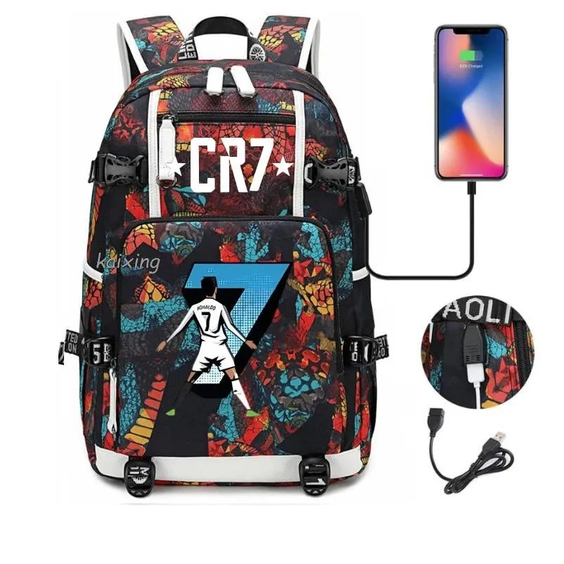 Ronaldo CR7 School Bags Backpack Camouflage  USB 18 inch Laptop Travel Mochila Waterproof