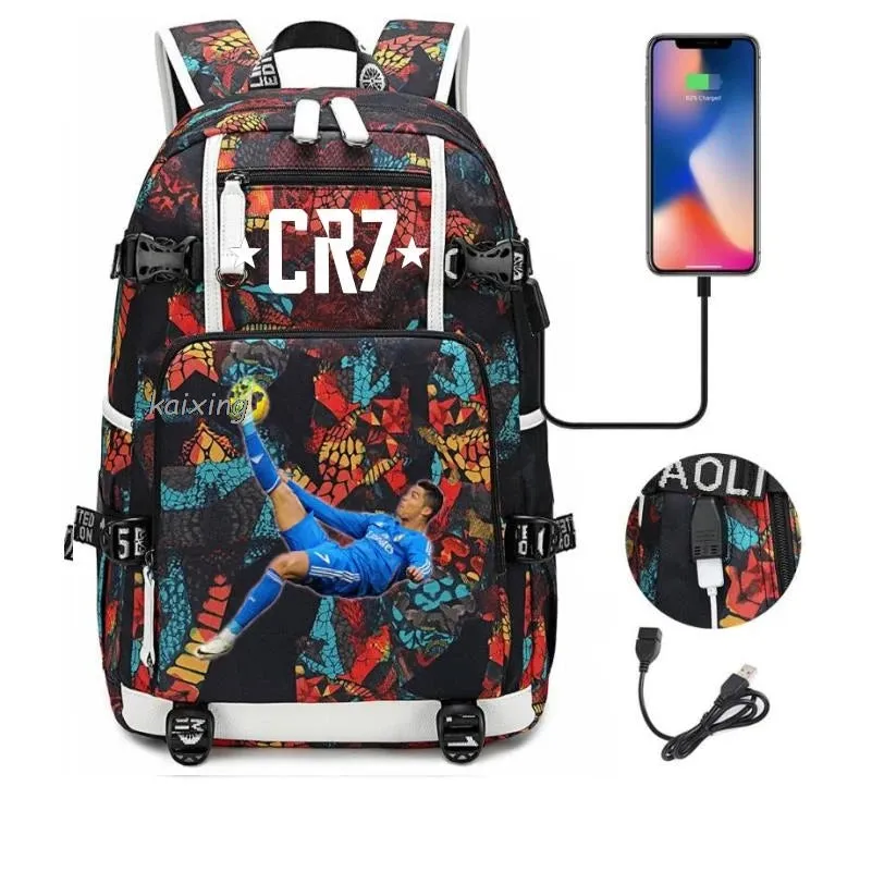 Ronaldo CR7 School Bags Backpack Camouflage  USB 18 inch Laptop Travel Mochila Waterproof