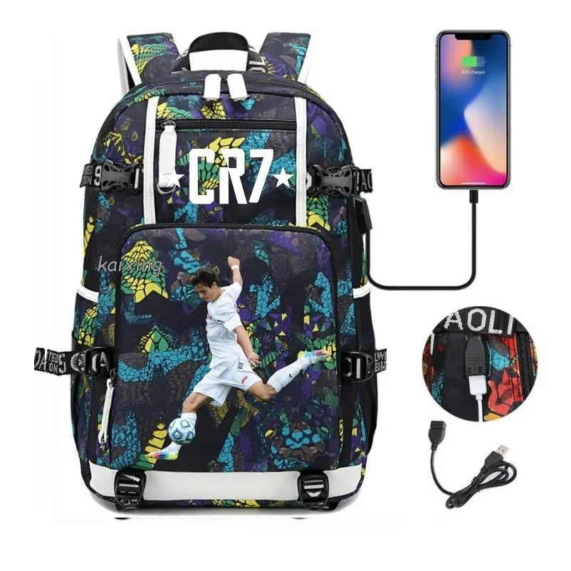 Ronaldo CR7 School Bags Backpack Camouflage  USB 18 inch Laptop Travel Mochila Waterproof