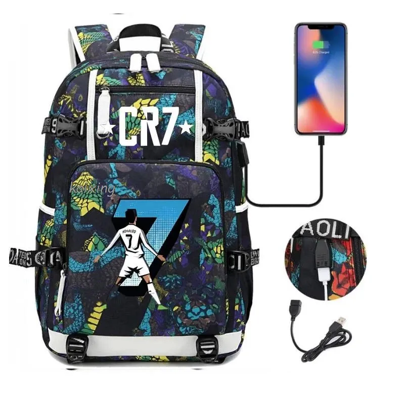 Ronaldo CR7 School Bags Backpack Camouflage  USB 18 inch Laptop Travel Mochila Waterproof