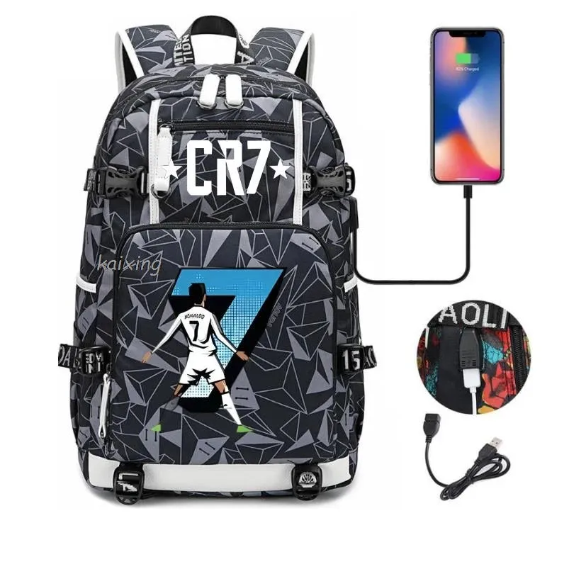 Ronaldo CR7 School Bags Backpack Camouflage  USB 18 inch Laptop Travel Mochila Waterproof