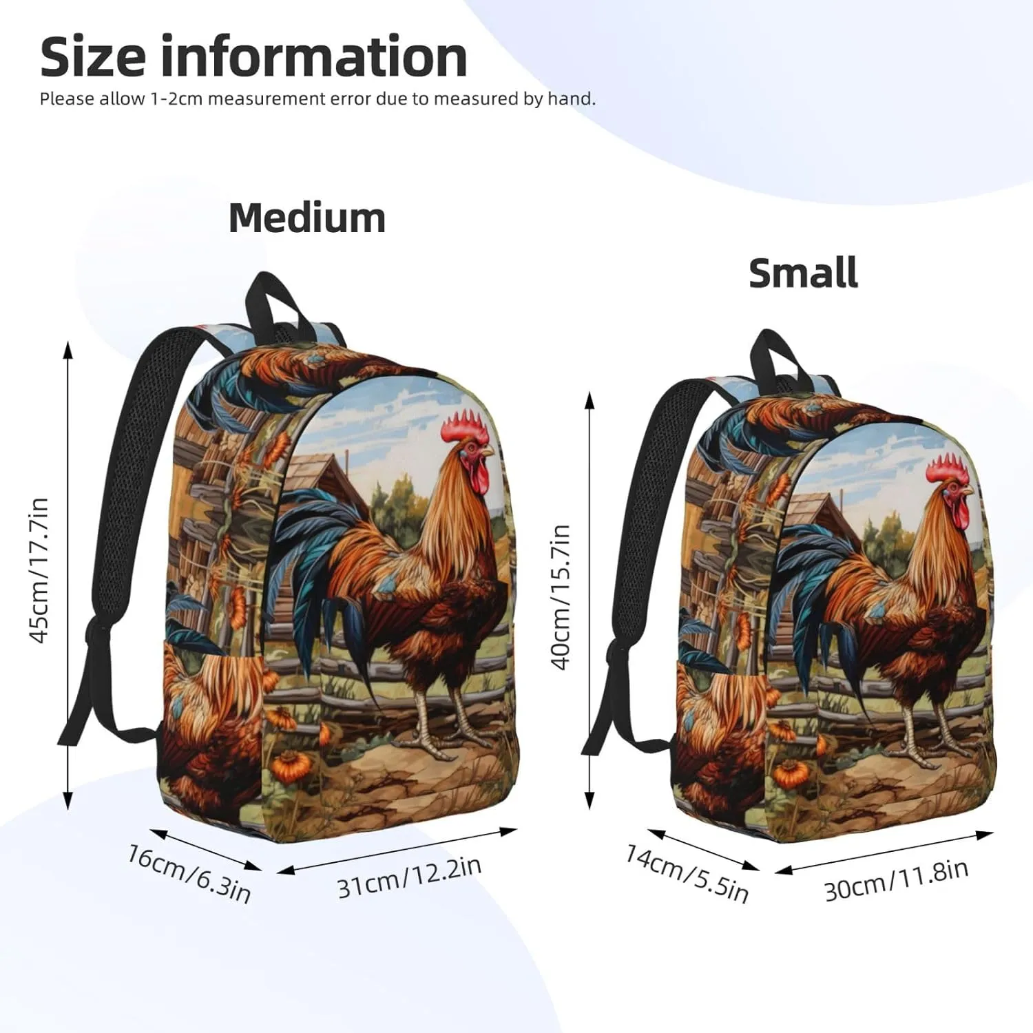 Rooster on Wood in Farmland print Backpack Travel Backpacks for Women Men College Backpack Computer Bag for Travel