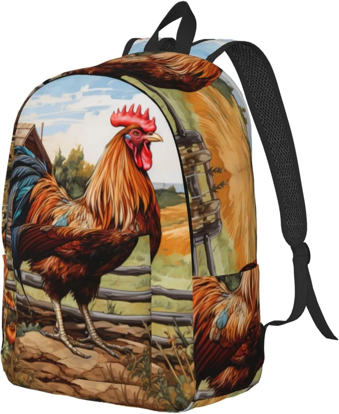 Rooster on Wood in Farmland print Backpack Travel Backpacks for Women Men College Backpack Computer Bag for Travel