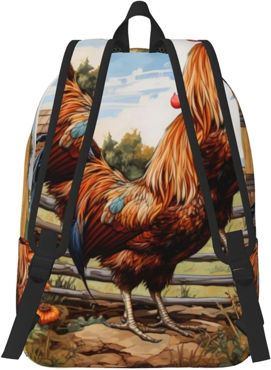 Rooster on Wood in Farmland print Backpack Travel Backpacks for Women Men College Backpack Computer Bag for Travel
