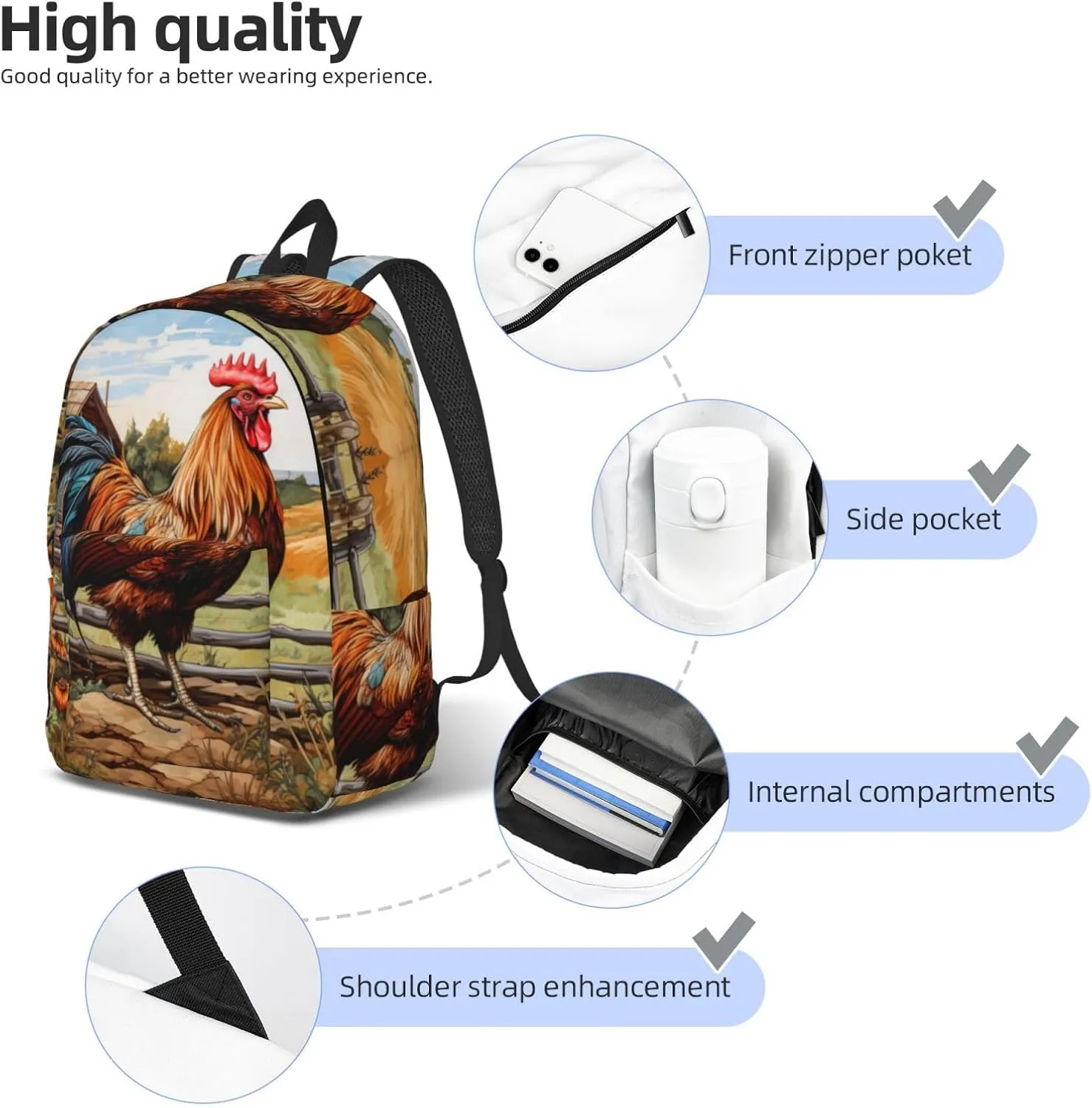 Rooster on Wood in Farmland print Backpack Travel Backpacks for Women Men College Backpack Computer Bag for Travel