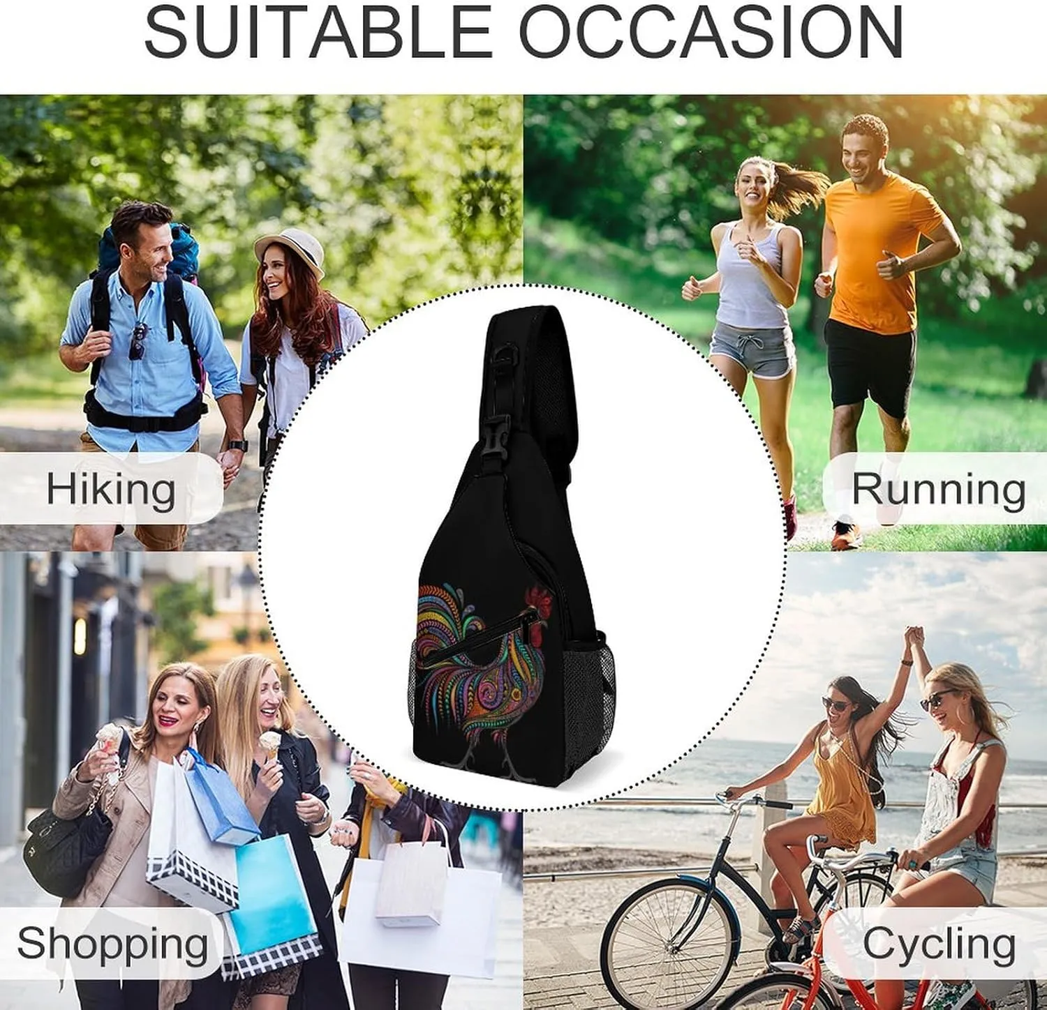 Roosters Sling Backpack Mens Womans Crossbody Backpack Chest Bag Running Daypack Travel Bag Casual Daypacks Outdoor Backpacks