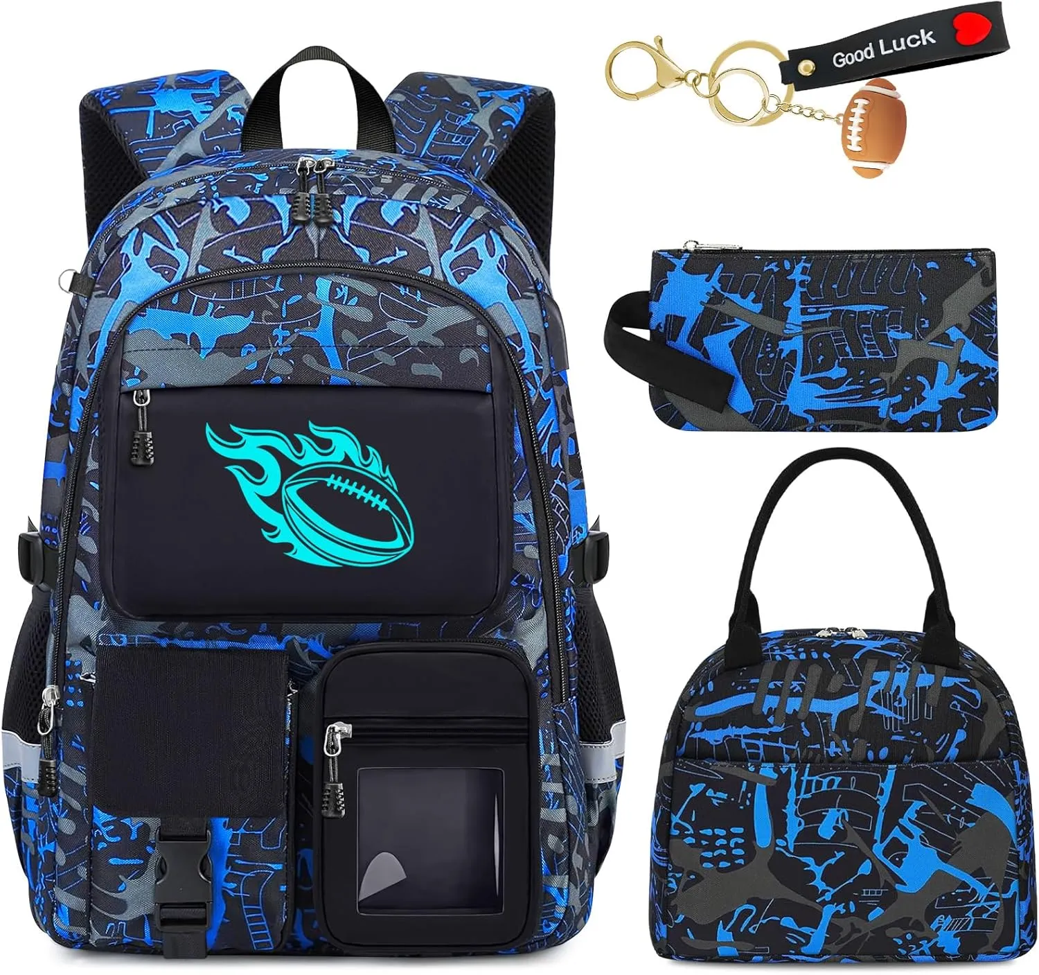 School Backpack for Boys - 4pcs American Football Boys Backpack with Lunch Box Set for Kids Teens Elementary Middle High School - 18" Large Capacity School Bookbag with Multiple Pockets