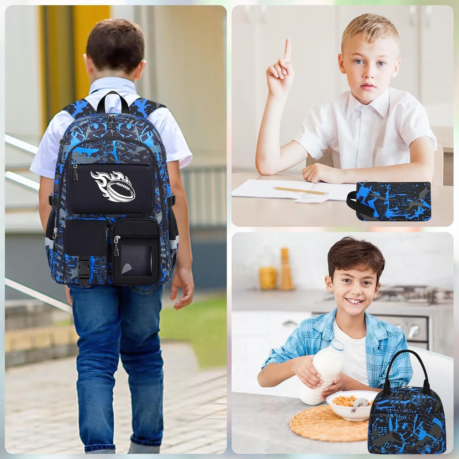 School Backpack for Boys - 4pcs American Football Boys Backpack with Lunch Box Set for Kids Teens Elementary Middle High School - 18" Large Capacity School Bookbag with Multiple Pockets