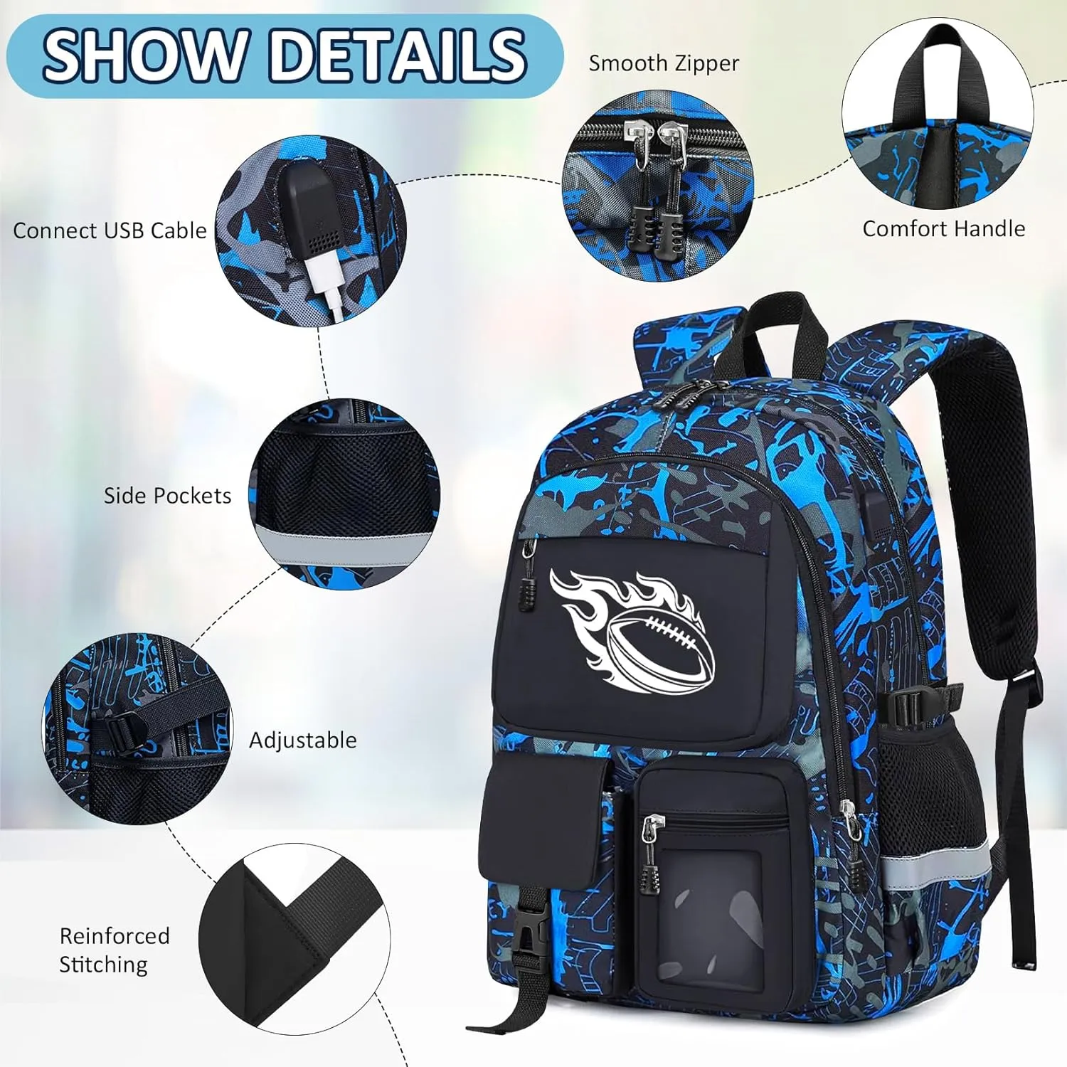 School Backpack for Boys - 4pcs American Football Boys Backpack with Lunch Box Set for Kids Teens Elementary Middle High School - 18" Large Capacity School Bookbag with Multiple Pockets