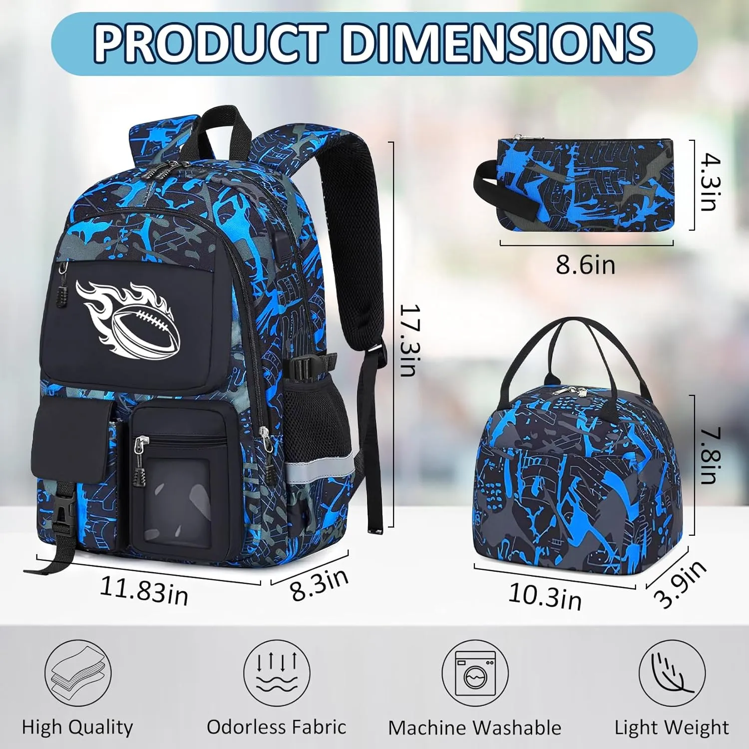School Backpack for Boys - 4pcs American Football Boys Backpack with Lunch Box Set for Kids Teens Elementary Middle High School - 18" Large Capacity School Bookbag with Multiple Pockets