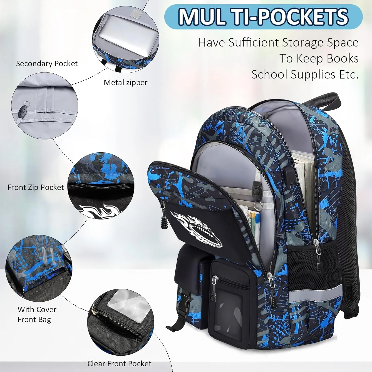 School Backpack for Boys - 4pcs American Football Boys Backpack with Lunch Box Set for Kids Teens Elementary Middle High School - 18" Large Capacity School Bookbag with Multiple Pockets