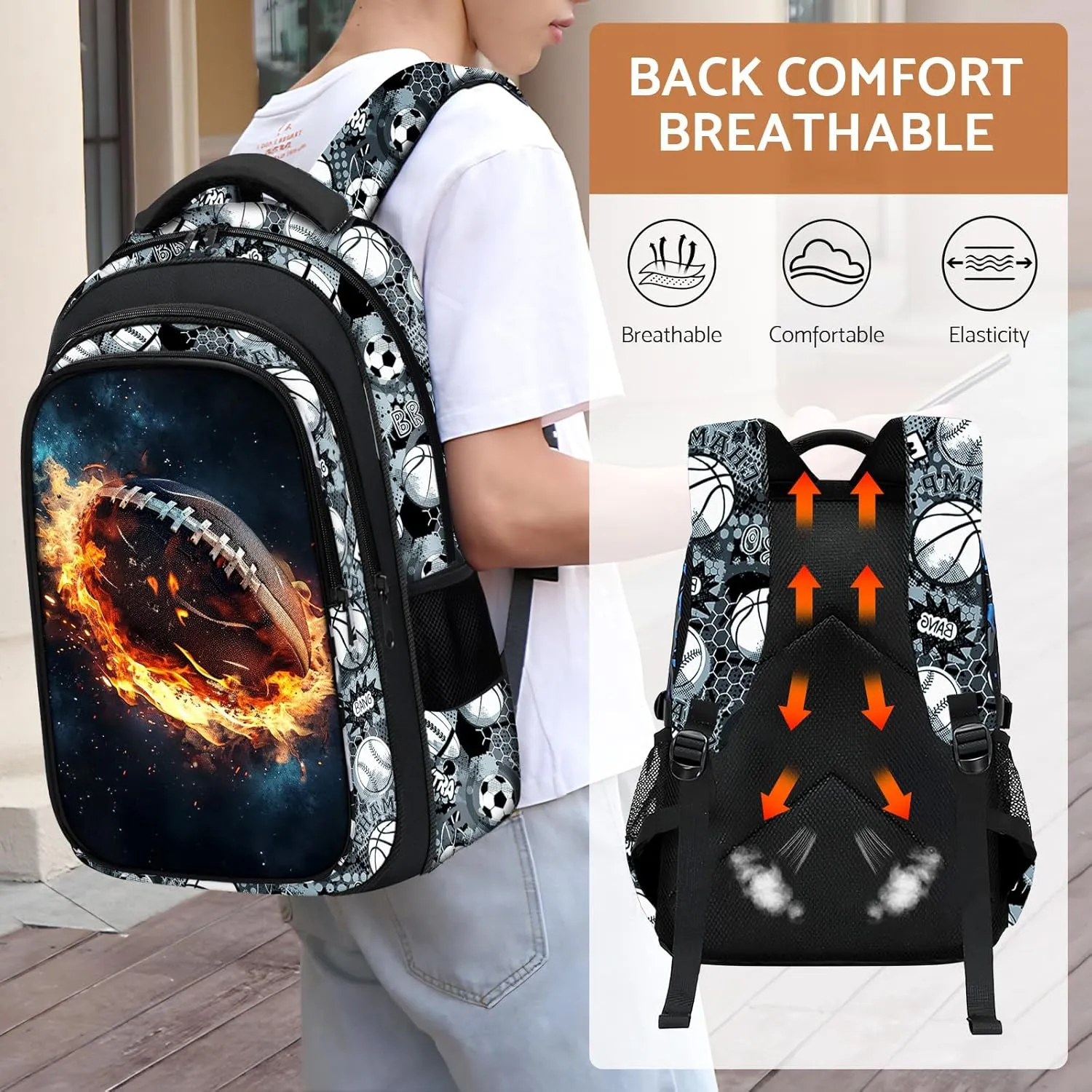 School Backpack for Boys - American Football Boys Backpack for Kids Children Teens Elementary Middle School - 17″ Sport Bookbag Travel Back Pack for Age 6-18